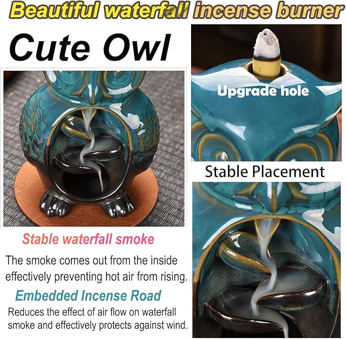 Mountain Waterfall Incense Burner，Backfall Incense Holder River, Incense Falls Meditation Decor for Room with Upgrade Incense Cones and Accessories (OWL)