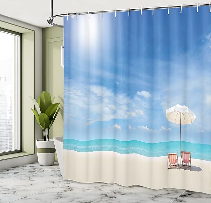 Ambesonne Hawaiian Shower Curtain, Secluded Tropical Island Beach with Chairs and Umbrella Ocean Sand Seascape Photo, Cloth Fabric Bathroom Decor Set with Hooks, 69" W x 70" L, Beige Blue