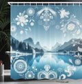 Ambesonne Lake Shower Curtain, Panoramic Nature View Mountains Woodland Folkloric Floral Wreath Ornaments, Cloth Fabric Bathroom Decor Set with Hooks, 69" W x 70" L, Slate Blue Sky Blue