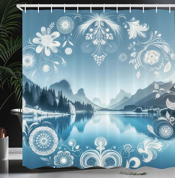 Ambesonne Lake Shower Curtain, Panoramic Nature View Mountains Woodland Folkloric Floral Wreath Ornaments, Cloth Fabric Bathroom Decor Set with Hooks, 69" W x 70" L, Slate Blue Sky Blue