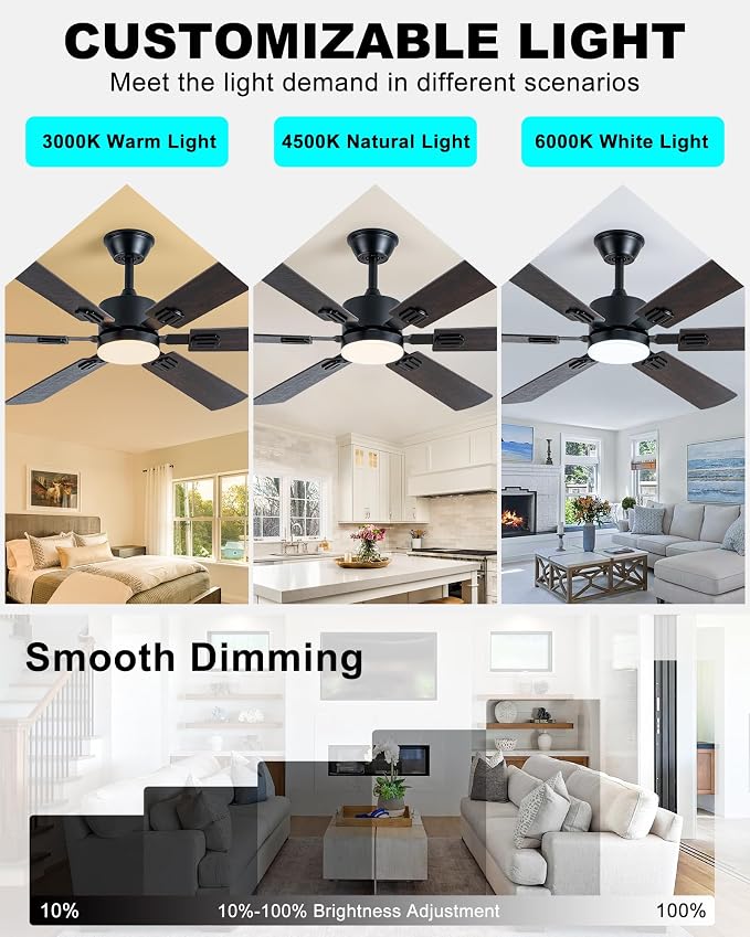 Coolwind 56 Inch Brown Ceiling Fan, Display Remote&APP Control, 6 Blade Modern Silent Ceiling Fan with 8 Speeds, Dimmable, Timer, DC Reversible Motor, Double Sided Blade for Bedroom, Living Room