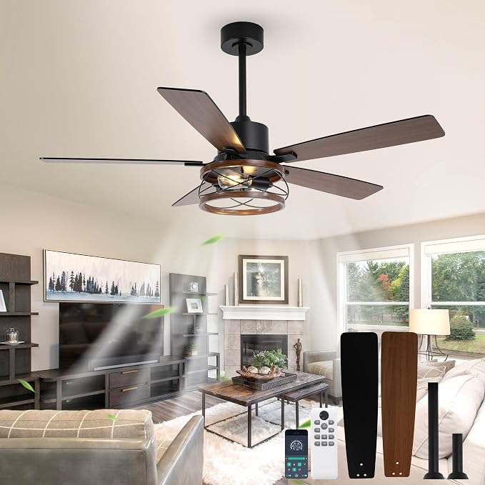 Qcyuui Farmhouse Ceiling Fan with Light 52 Inch Ceiling Fan with Light, Quiet 6-Speed Reversible DC Motor, Dual Finish 5 Blades, Rustic Caged Fandelier Ceiling Fan with Light for Living Room