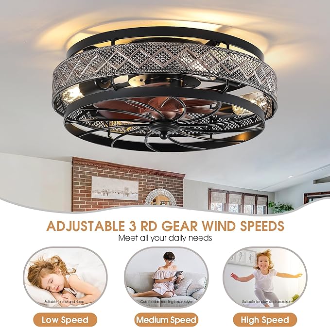 SHIHOT 18"Black Small Low Profile Caged Ceiling Fans with Lights and Remote | Safe Caged-Design,Supports Both Remote Control and APP,6 Wind Speeds, Reversible, Quiet DC Motor,Suits for Bedroom Kidsroom