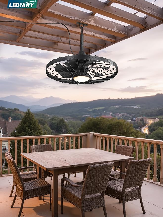 LEDIARY 24" Outdoor Ceiling Fan with Lights,IP65 Waterproof Gazebo Hanging Fan with Remote Control Smart App, Plug in Caged Ceiling Fan with 3CCT 6-Speeds for Patio Porch Pergola(Black)