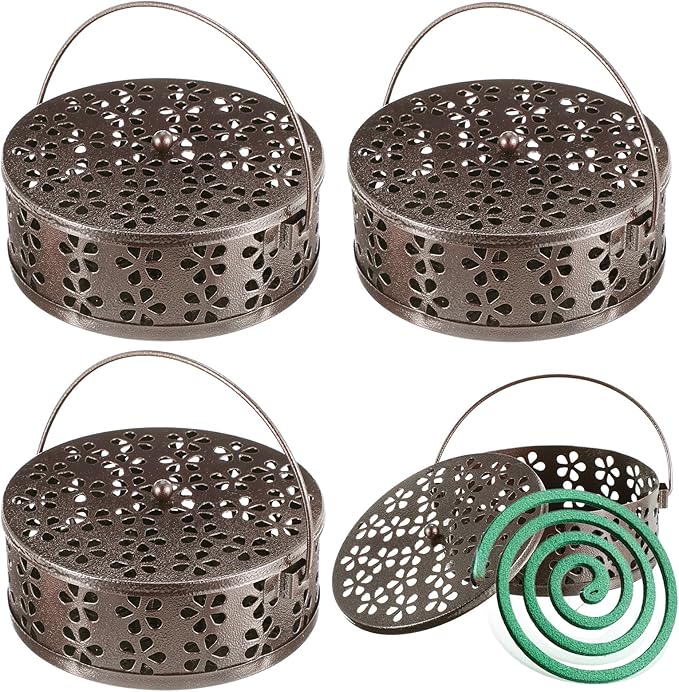 4Pcs Portable Mosquito Coil Holder, Coil Incense Holder with Handle Round Heat-Resistant Mosquito Incense Burner for Indoor Outdoor Hanging Camping Patio (Bronze)