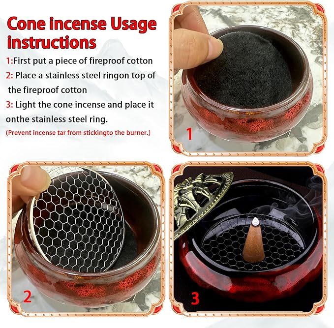 Ceramic Incense Burner Holder Set – 9 Hole Incense Stick Holder with Coil Incense Holder & Burner Tray – Multi-Function Censer for Cones, Coil Incense, and Stick Incense (Fambe Red)