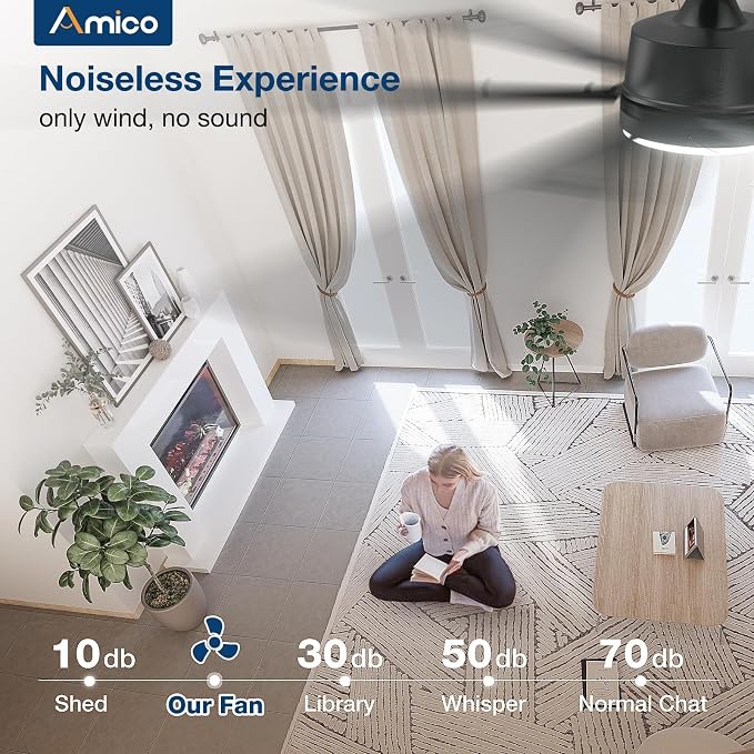 Amico Ceiling Fans with Lights and Remote, 72 Inch Black Indoor/Outdoor Ceiling Fan with 6 Speed, Reversible DC Motor, 3CCT, Dimmable, Noiseless modern ceiling fan for Bedroom, Living Room, Patio