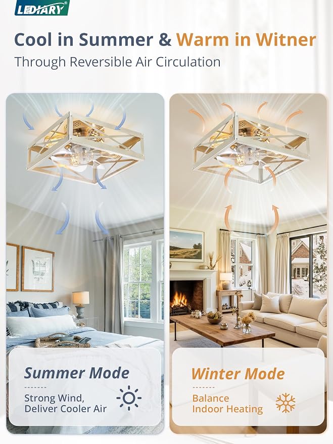 LEDIARY Caged Flush Mount Square Ceiling Fans with Lights and Remote | 6 Speed and Reversible, Small Modern Bladeless Brushed Nickel Ceiling Fan Low Profile for Bedroom, Kitchen