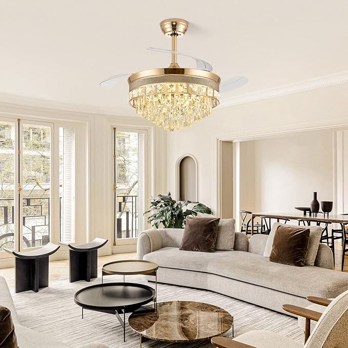48 Inch Chandelier Ceiling Fans with Lights, Retractable Ceiling Fan with Lights, Crystal Fandelier Ceiling Fan for Bedroom Living Room, LED Dimmable, 6 Wind Speed,3 Color Temperatures-Gold
