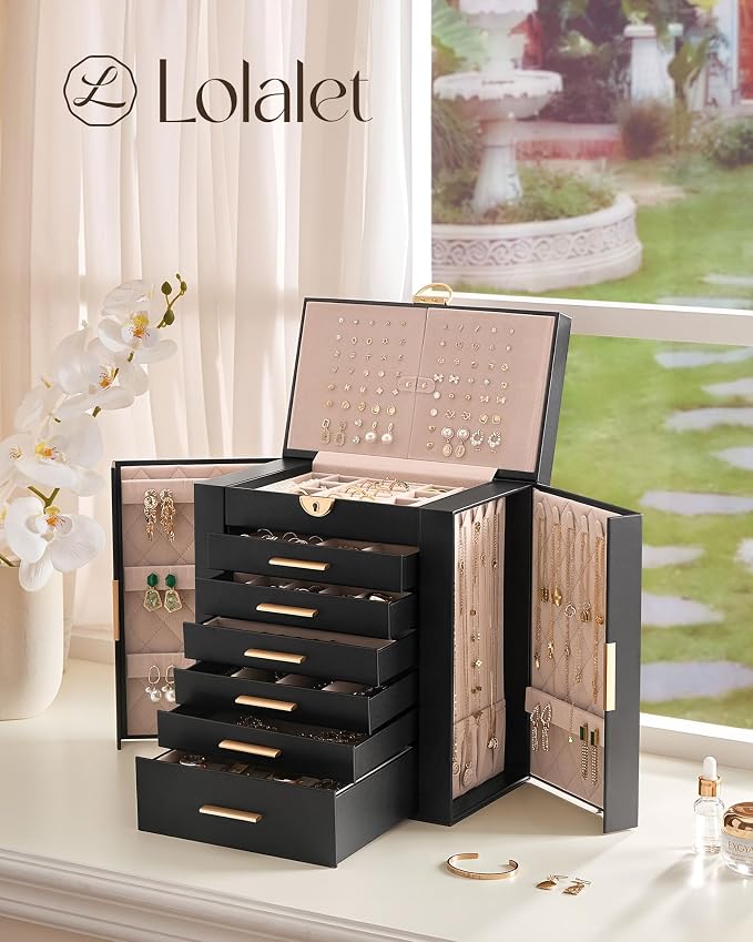 Lolalet Large Jewelry Box Organizer for Women, 7-Layer Jewelry Organizers and Storage Case with Mirror & 6 Drawers, Lockable Watch Ring Earring Bracelet Necklace Holder Girls Gift -7Layer, Black