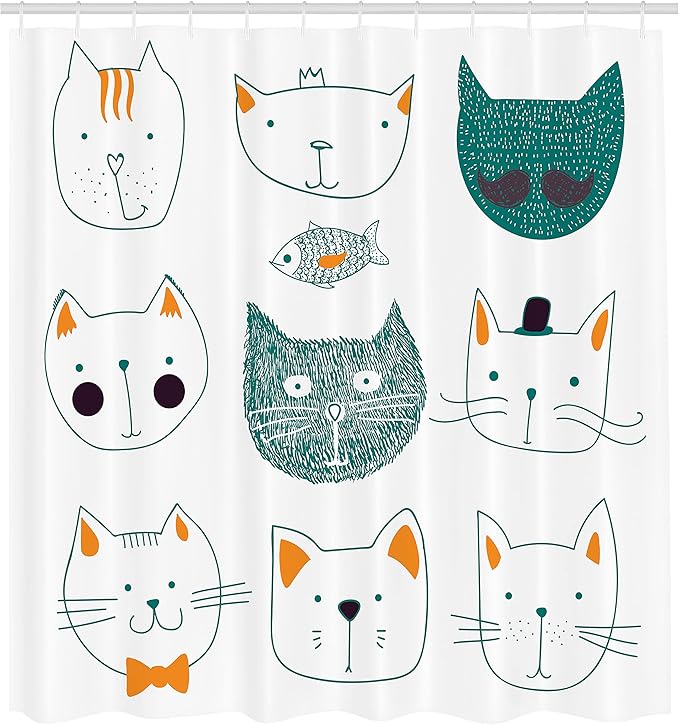Ambesonne Cat Shower Curtain, Pets Moustache Bow Tie Hat Crown Fluffy and Fish Humor Faces Graphic, Cloth Fabric Bathroom Decor Set with Hooks, 69" W x 70" L, Teal Apricot