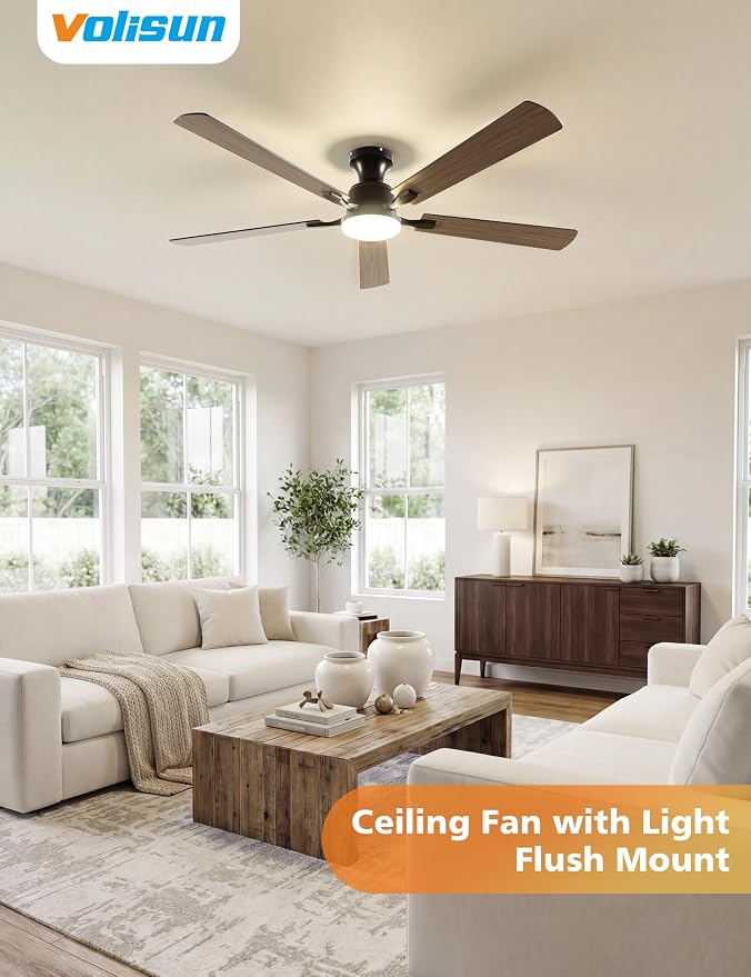 VOLISUN 60 Inch Ceiling Fan with Lights Flush Mount, Low Profile Ceiling Fans with Lights, Remote&APP Control,Dimmable 22W LED Light,Queit&Reversible Fan, Black Ceilings Fans for Bedroom, Living Room
