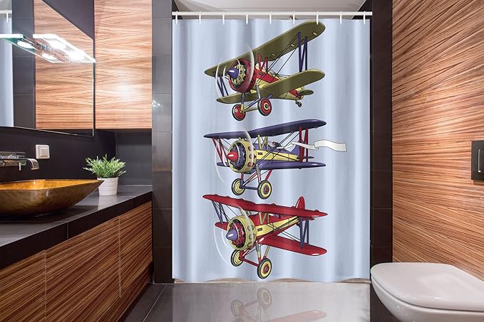 Ambesonne Airplane Stall Shower Curtain, 3 Biplanes Flies on a Background of The Sky Ink Paint Old Fashioned, Fabric Bathroom Decor Set with Hooks, 54" W x 78" L, Aqua