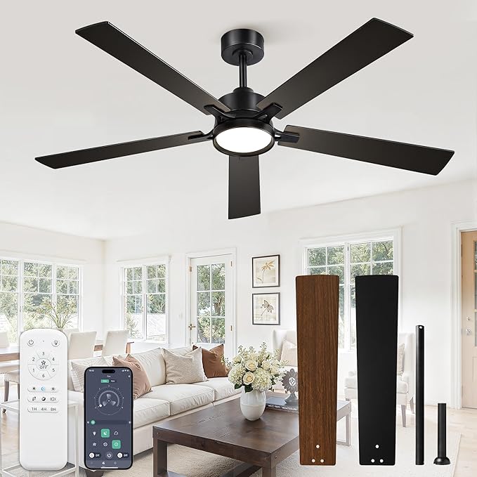 60 Inch Ceiling Fan with Lights and Remote,Smart APP Control | Dimmable LED,3CCT,Smart Memory Function,Quiet DC Motor,Dual-Finish Reversible Blades,Damp Rated,6 Adjustable Speeds,Timer