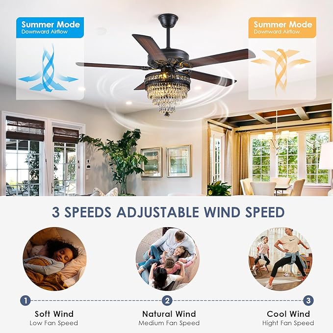 50"Black Crystal Chandelier Ceiling Fans with Lights and Remote Control | Classical Design,6 Reversible Speeds,30W Quiet DC Motor,5 Wooden Blades,2*E12 LED Bulbs Included,for Living Room Bedroom