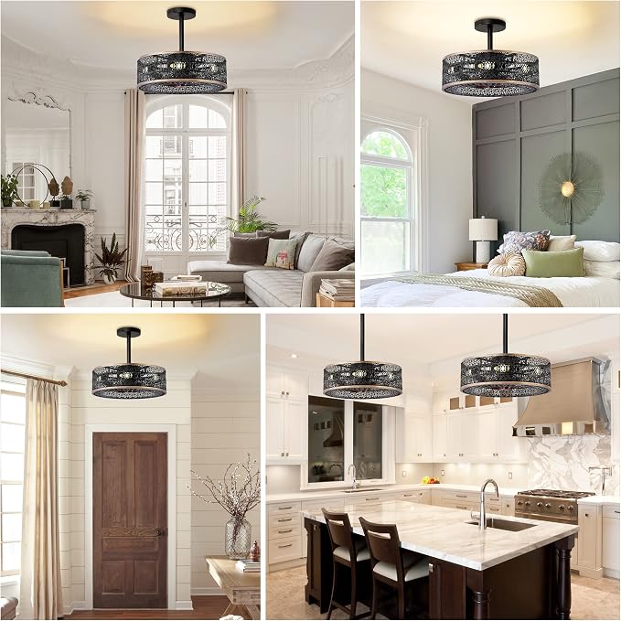 Industrial Caged Ceiling Fans with Lights, Small Black Ceiling Fan with Light And Remote, Farmhouse Ceiling Fan Light for Living Room, Bedroom, Kitchen