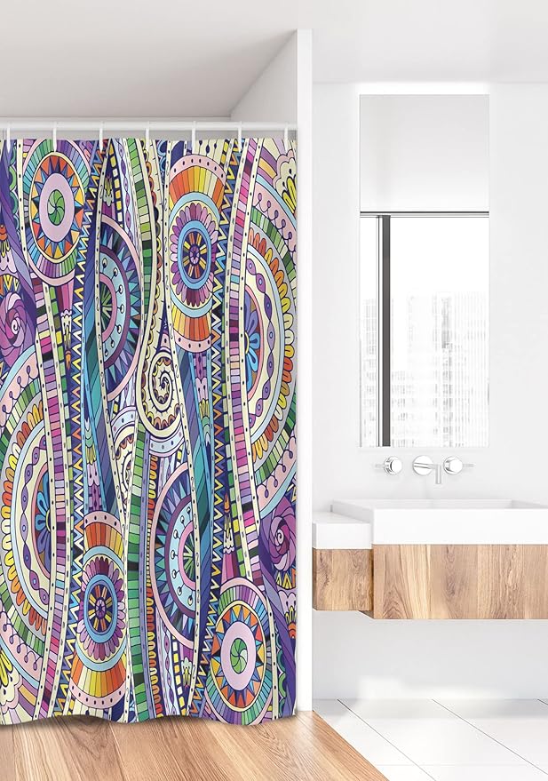 Ambesonne Floral Stall Shower Curtain, Geometric Mosaic Style Colorful Illustration Flower Pattern Ornamental Doodle Art, Fabric Bathroom Decor Set with Hooks, 36" W x 72" L, Purple Green