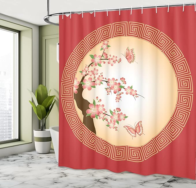 Ambesonne Nature Shower Curtain, Oriental Cherry Blossom Butterflies in Circle Frame Ornamental Arrangement Japan, Cloth Fabric Bathroom Decor Set with Hooks, 69" W x 70" L, Coral Peach