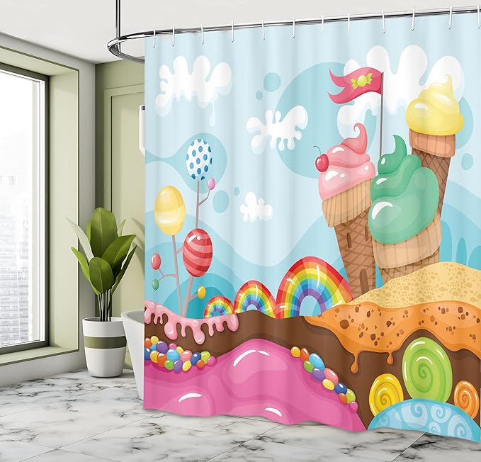 Ambesonne Ice Cream Shower Curtain, Dessert Land Rainbow Candies Lollipop Trees and Cupcake Mountains Cartoon, Cloth Fabric Bathroom Decor Set with Hooks, 69" W x 70" L, Multicolor