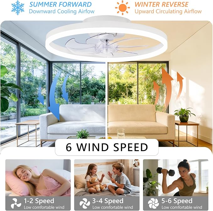 20" Low Profile Ceiling Fans with Lights and Remote & APP, Dimmable 3000-6500K LED Fandelier Ceiling Fan with Light, Modern Flush Mount Ceiling Fan Light for Living Room, Bedroom and Kitchen