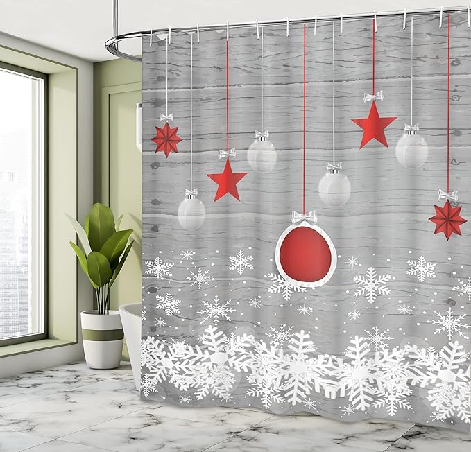 Ambesonne Christmas Shower Curtain, Traditional Celebration Theme Pendant Stars Baubles Ornate Snowflakes, Cloth Fabric Bathroom Decor Set with Hooks, 69" W x 70" L, Grey Red White