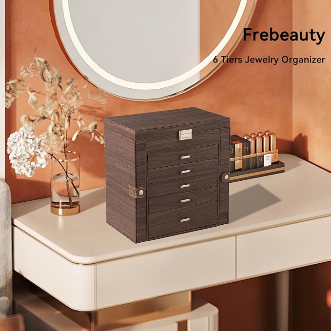 Frebeauty 6-Layer Jewelry Box for Women,Large Jewelry Organizer with Drawer | Faux Leather,Built-in Mirror,Spacious Jewelry Storage,16 Necklace Hooks,Organizing by Category for Rings Earrings Bracelet