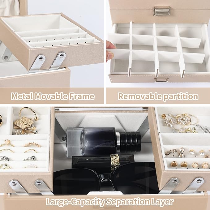 Dajasan Jewelry Organizer Box, Large Jewelry Boxes for Women Girls, Space-Saving 4 Layers Jewelry Storage Case with Drawer, Movable Metal Stand, Modern, Gift Idea (Champagne + Silver)