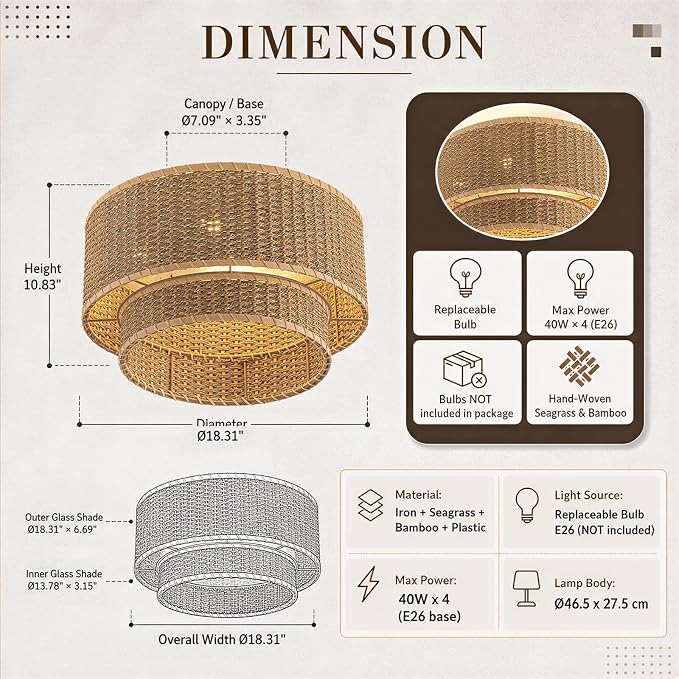 Boho Rattan Ceiling Fan with Light, Flush Mount Woven Fandelier with Remote 2 Tier Layered Caged Ceiling Fan Light Fixture 6-Speed Reversible Low Profile Fan for Bedroom Kitchen Dining Room