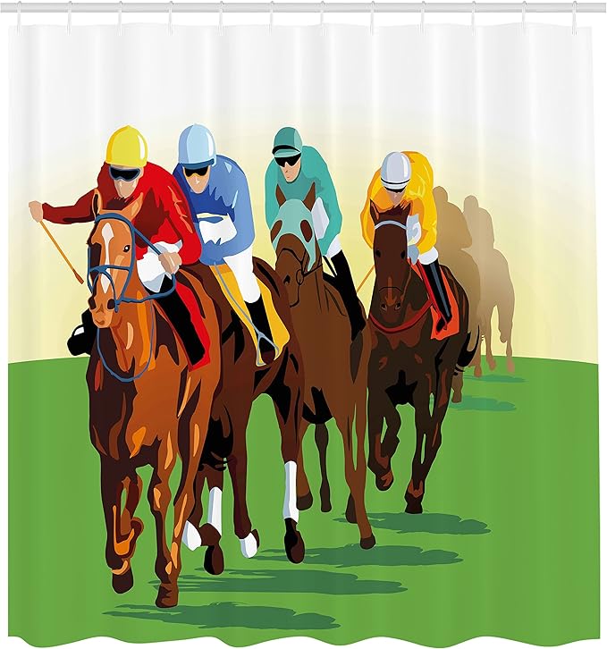 Ambesonne Horse Shower Curtain, Vibrant Colorful Competitive Scene with Jockeys Racing Horses Equine Retro Artwork, Cloth Fabric Bathroom Decor Set with Hooks, 69" W x 84" L, Brown Green
