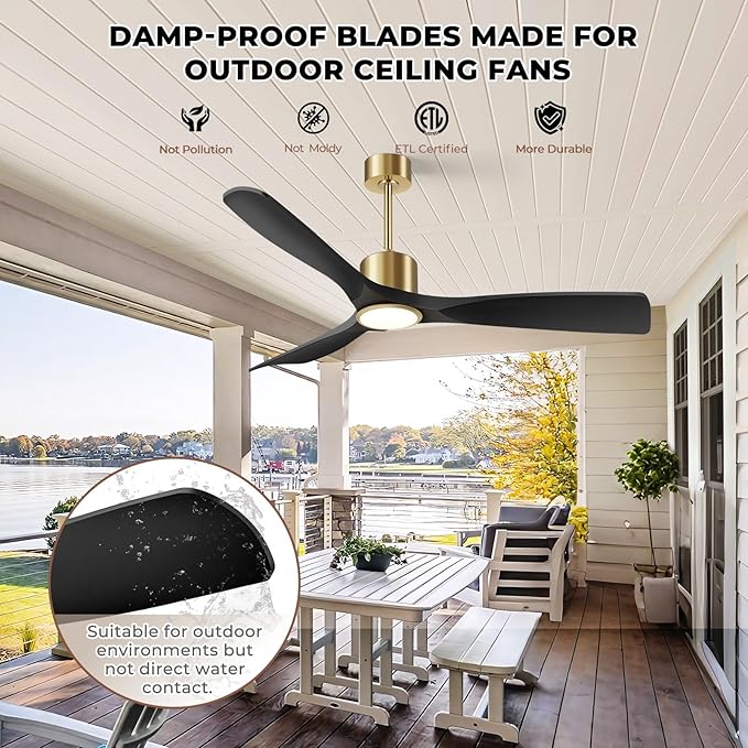 Ceiling Fans with Lights, Ceiling Fans with Lights and Remote Control, 52 inch Ceiling Fan with Light, Outdoor Ceiling Fans for Patios 3 Blade Bedroom Living Room-Matte Black and Gold