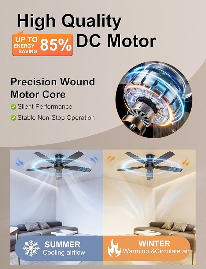 Ohniyou 52 Inch Ceiling Fan No Light, Low Profile Ceiling Fan with Remote and App Control, Flush Mount Ceiling Fan without Light for Bedroom Living Room Covered Patios, Quiet DC Motor, Black