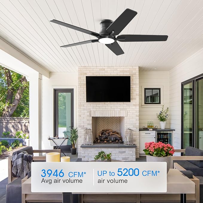 POCHFAN 52 Inch Black Ceiling Fans with Lights and Remote, Flush Mount Low Profile Ceiling Fan for Bedroom, Living Room, Patio, Dimmable 6 Speeds Noiseless Reversible, ETL Listed