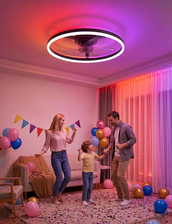 NIORSUN RGB Ceiling Fans with Lights and Remote, Modern Smart LED Ceiling Fans Light, 6 Speeds & 3000K-6500K Dimmable, Quiet Bladeless Fandelier Ceiling Fan with Light for Bedroom (20Inch,Black)