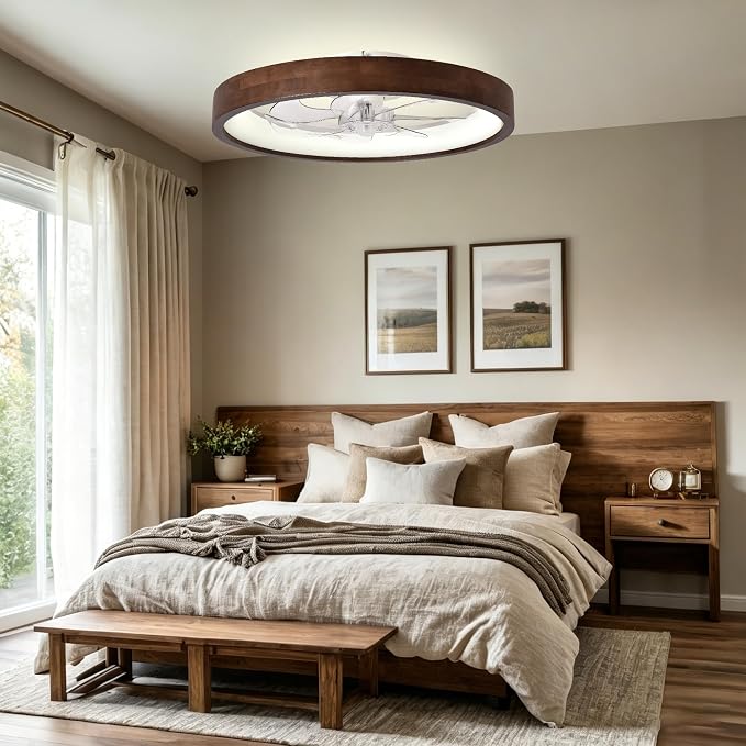24” Low Profile Ceiling Fan with Light and Remote & APP Control | Dimmable LED,6 Speed,Reversible DC Motor,Solid Wood Frame Flush Mount Ceiling Fan with Light for Bedroom/Kidsroom/Dinng Room