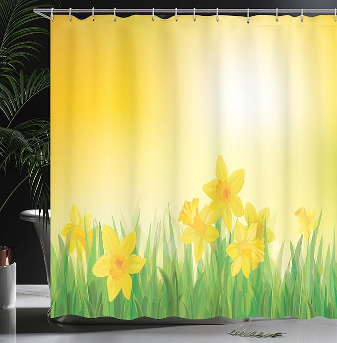 Ambesonne Daffodils Shower Curtain, Daffodil Flowers on a Spring Meadow Countryside Sunny Nature Illustration, Cloth Fabric Bathroom Decor Set with Hooks, 69" W x 70" L, Yellow and Green