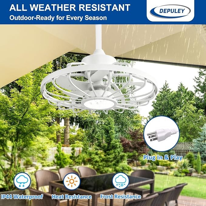 Depuley Outdoor Ceiling Fan with Light: 20 Inch Outdoor Gazebo Hanging Fans with Remote App - Waterproof Plug in Caged Ceiling Fan for Patio Porch Canopy Pergola white