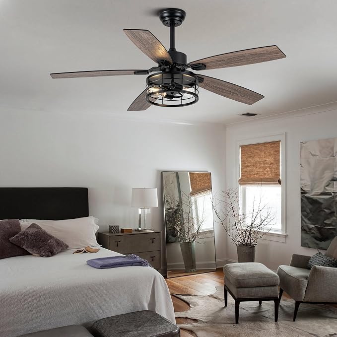 52 Inch Farmhouse Ceiling Fan with Light and Remote Black Industrial Ceiling Fan Quiet and Reversible DC Motor Rustic Caged Chandelier Fan for Living Room Bedroom Patio