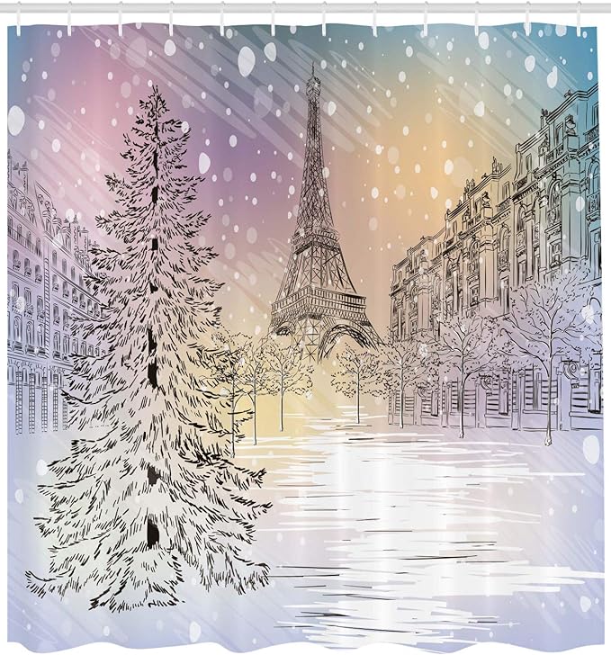 Ambesonne Winter Shower Curtain, Image of Stormy Winter Day in Idyllic Paris Streets Eiffel Tower Europe Scenery, Cloth Fabric Bathroom Decor Set with Hooks, 69" W x 70" L, Pink White