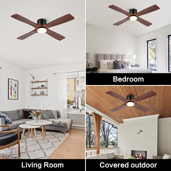 WINGBO 54 Inch Flush Mount DC Ceiling Fan with Lights and Remote, 4 Reversible Carved Wood Blades, 6-Speed Noiseless DC Motor, Hugger Ceiling Fan in Matte Black Finish with Walnut Blades