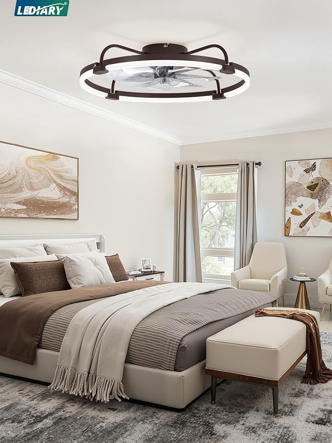 LEDIARY Ceiling Fans with Lights and Remote, 24'' Low Profile Ceiling Fan with Light, 3000-6000K Dimmable Fandelier LED Fan Light, 6 Wind Speeds, Brown Modern Flush Mount Ceiling Fan for Bedroom