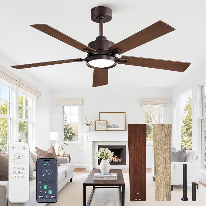 52 Inch Ceiling Fan with Lights and Remote, Smart APP Control, Dimmable with All-Setting Memory, Quiet DC Motor Reversible Blades, Damp Rated Modern Ceiling Fan for Bedroom Patio Living Room