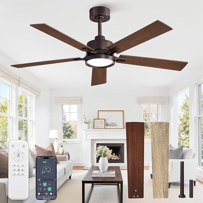 42 Inch Ceiling Fan with Lights and Remote, Smart APP Control, Dimmable with All-Setting Memory, Quiet DC Motor Reversible Blades, Damp Rated Modern Ceiling Fan for Bedroom Patio Living Room