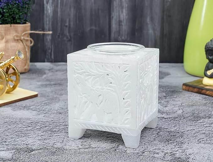 Crocon Marble Bakhoor Burner Incense Burner for Fragrance & Healing Square Charcoal Bakhoor Burner Handmade White Marble & Glass Bakhoor for Home & Living Room Office Decor Size: 2.9X2.9X3.5 Inch