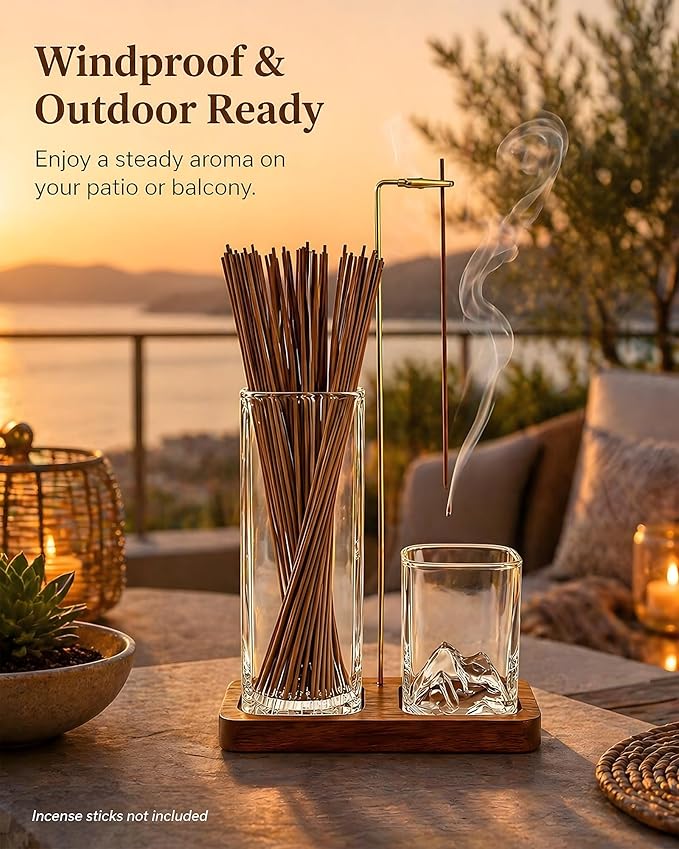 Incense Holder for Sticks, 2 in 1 Glass Incense Burner with Storage, Solid Sapele Wood Base, Removable Mountain Ash Catcher, Vertical Windproof Stand for Outdoor, Meditation (Dark Walnut)