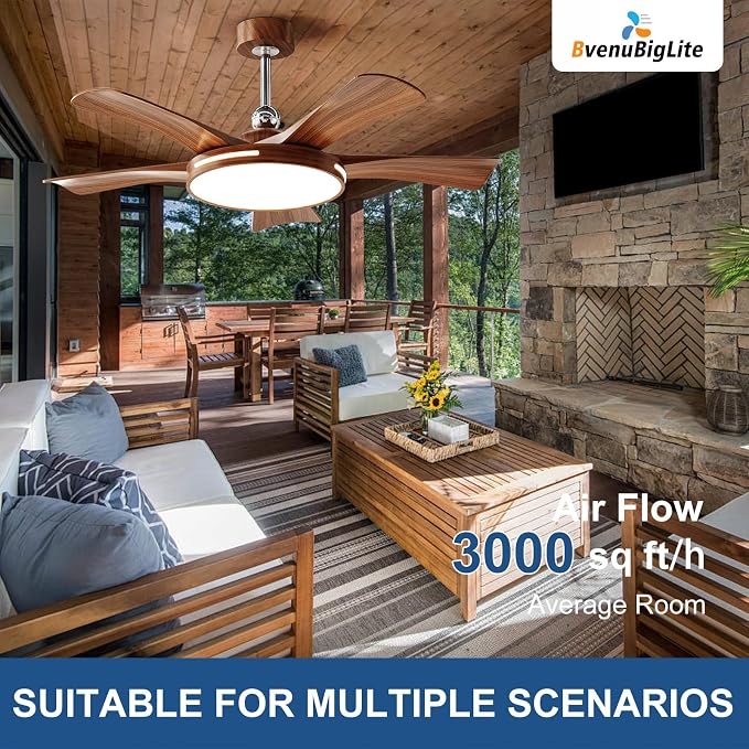 Ceiling Fans with Lights and Remote: 46-Inch Ceiling Fan 5 Blades Round Low Profile Outdoor - Walnut Ceiling Fans with Remote Control Chrome Rod Quiet Reversible DC Motor for Living Room
