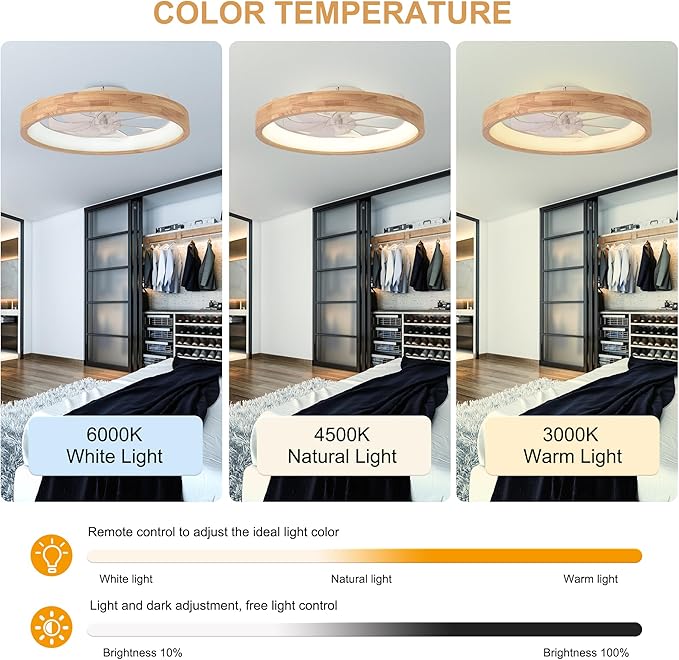 24" Solid Wood Low Profile Ceiling Fan with Light and Remote/APP | Reversible Quiet DC Flush Mount Fan Light,6 Speed Dimmable 3 Color Temperature for Bedroom Kidsroom Dining Room