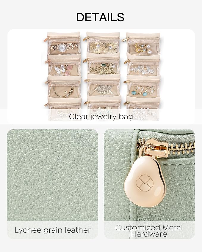 VLANDO Jewelry Organizer with 12 Velvet Jewelry Bags Travel Jewelry Case for Girls Premium Petal Hardware Jewelry Box Necklace Rings Earrings Bags Birthday Holidays Gifts for Self-Mint Green