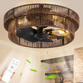 Handwoven Boho Ceiling Fans with Lights Flush Mount,Black Farmhouse Caged Fandelier Low Profile Enclosed Chandelier Fan with 6 Speeds for Bedroom,Nursery,Dining Room(Rattan Brown)