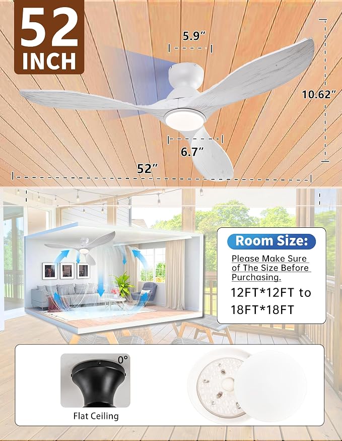 52 Inch Low Profile Ceiling Fans with Lights and Remote, White Flush Mount 3 Blade Wood Ceiling Fan,Dimmable,Quiet Noiseless for Patios,Living Room,Bedroom(Wall Control Switch)