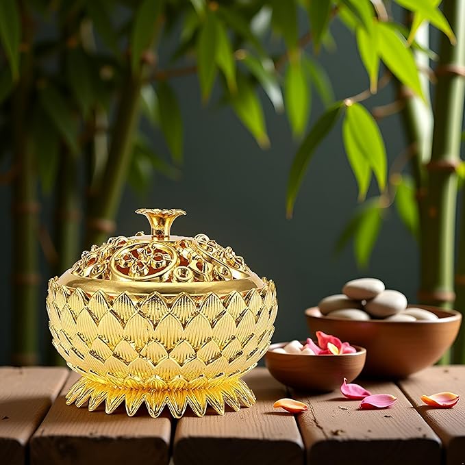 Pssopp Metal Incense, Vintage Lotus Zinc Alloy Incense Holder Sandalwood for Home Decoration Meditation(Gold)